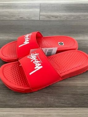 Stussy Red Slide Sandals with White Script Logo